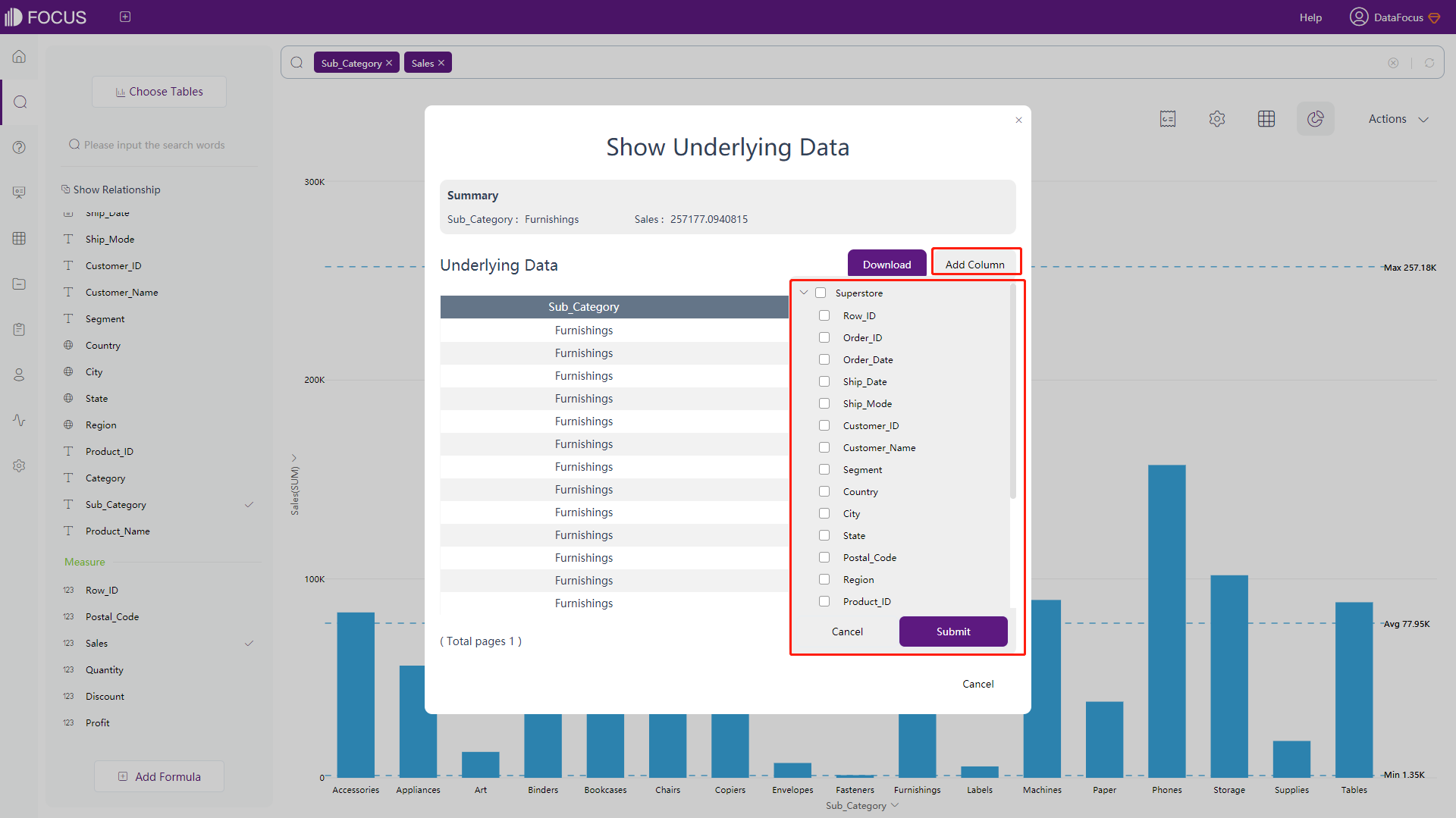 Figure 3-4-138 Display underlying data - add columns